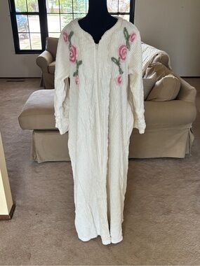 Only Necessities Cream Long Chenille Robe with Pink Rose Embroidery